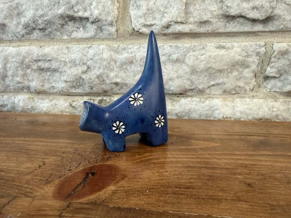 Hand Carved Hand Painted Soap Stone Cat Blue with white accents VTG
